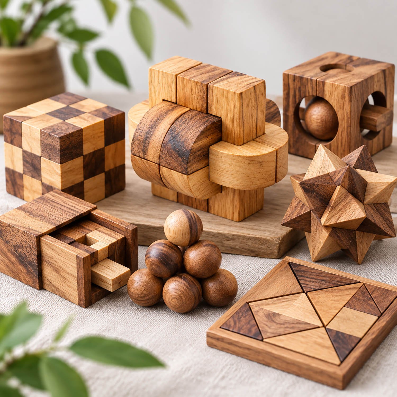 Wooden puzzle games trend designs Picture presents some of the most famous wooden puzzle games, crafted in Chiang Mai, Thailand